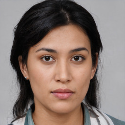 Neutral asian young-adult female with medium  black hair and brown eyes