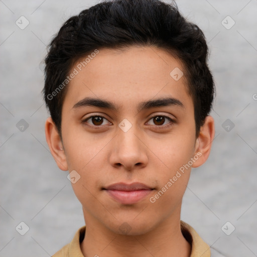 Neutral latino young-adult male with short  brown hair and brown eyes