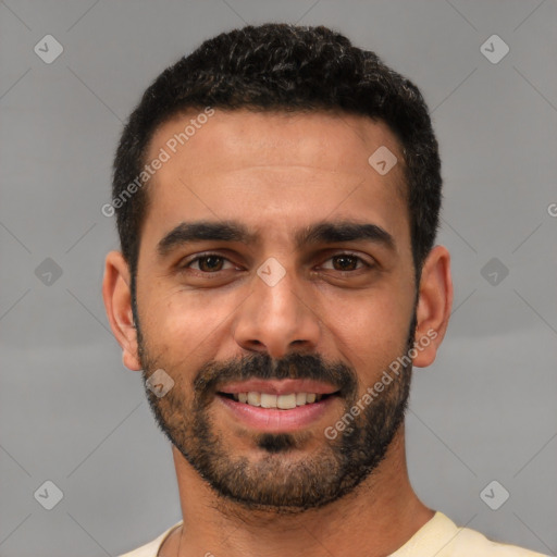 Joyful white young-adult male with short  black hair and brown eyes