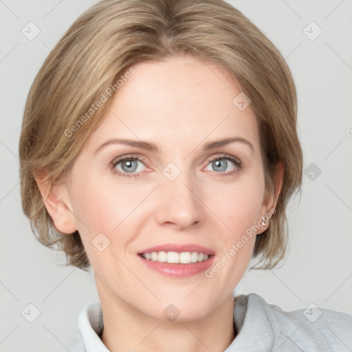 Joyful white young-adult female with medium  brown hair and blue eyes