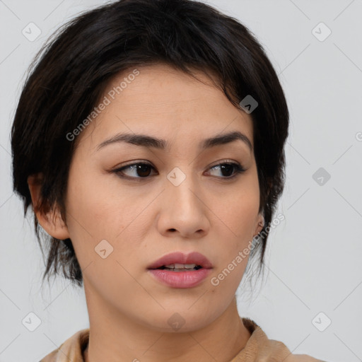 Neutral asian young-adult female with medium  brown hair and brown eyes