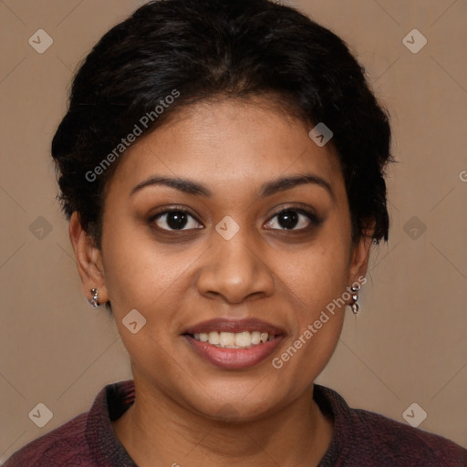 Joyful latino young-adult female with short  brown hair and brown eyes