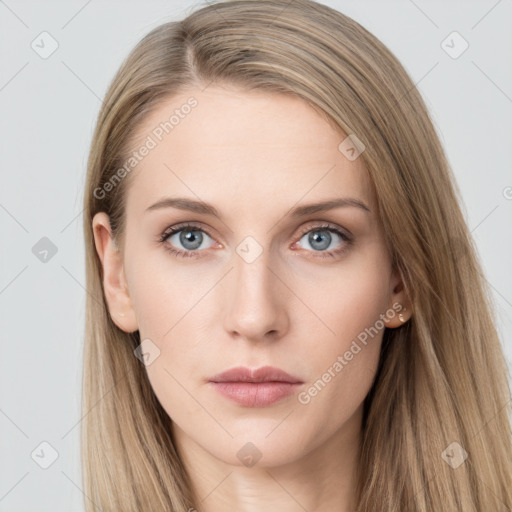 Neutral white young-adult female with long  brown hair and grey eyes