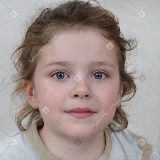 Neutral white child female with medium  brown hair and blue eyes