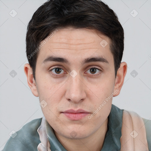 Neutral white young-adult male with short  brown hair and brown eyes