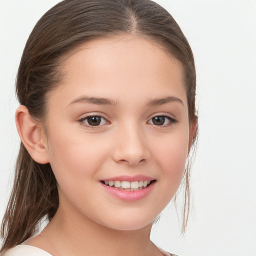 Joyful white child female with medium  brown hair and brown eyes