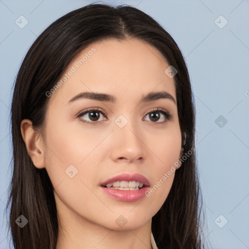 Joyful white young-adult female with long  brown hair and brown eyes