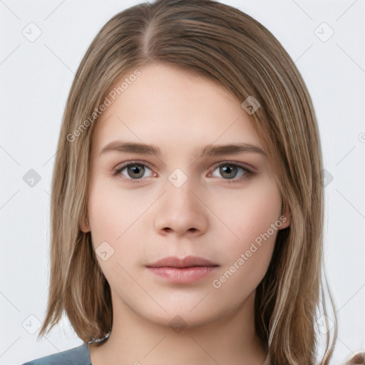 Neutral white young-adult female with medium  brown hair and brown eyes