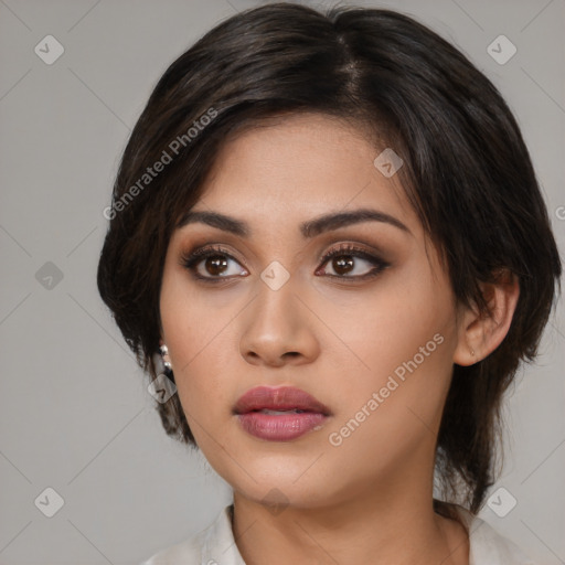 Neutral white young-adult female with medium  brown hair and brown eyes