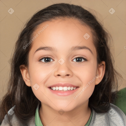 Joyful white child female with medium  brown hair and brown eyes