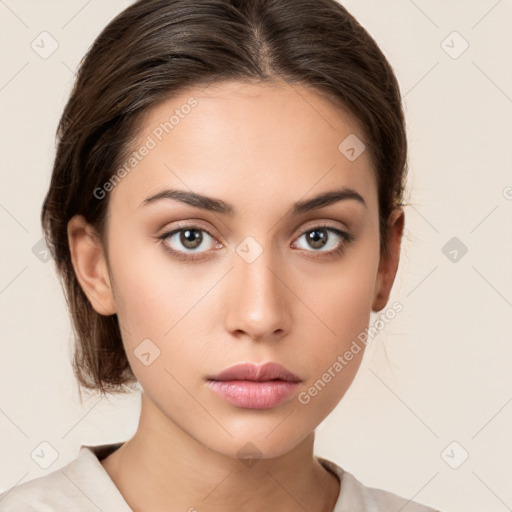 Neutral white young-adult female with medium  brown hair and brown eyes