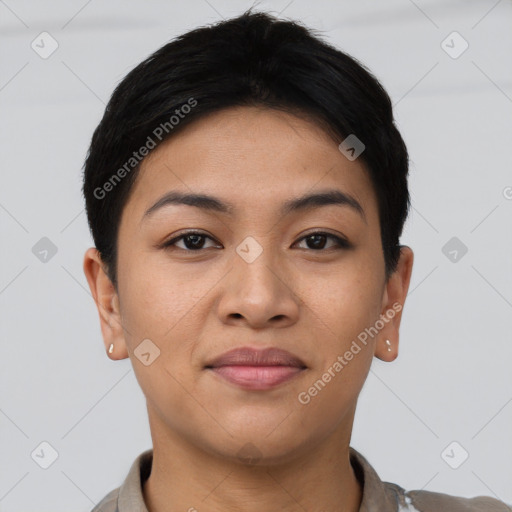 Joyful asian young-adult female with short  brown hair and brown eyes