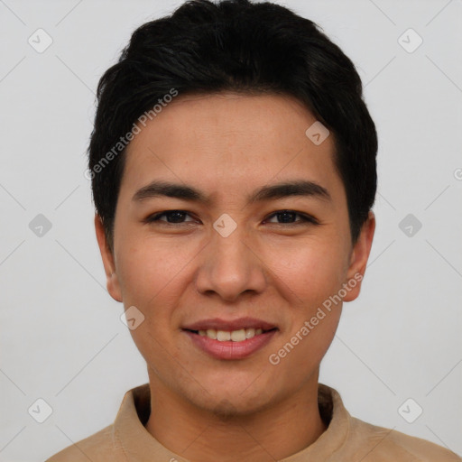 Joyful asian young-adult male with short  black hair and brown eyes