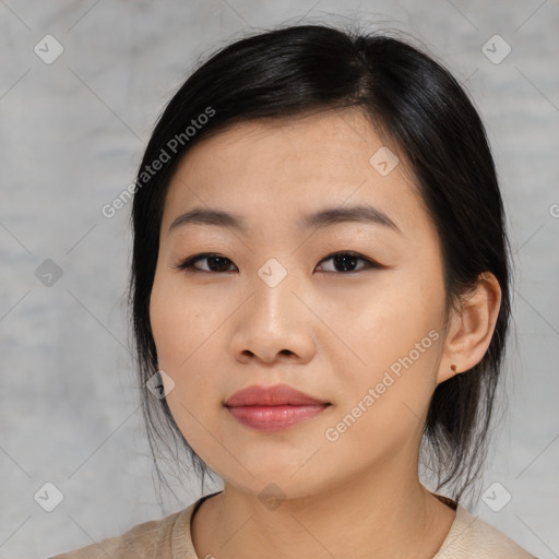 Neutral asian young-adult female with medium  black hair and brown eyes