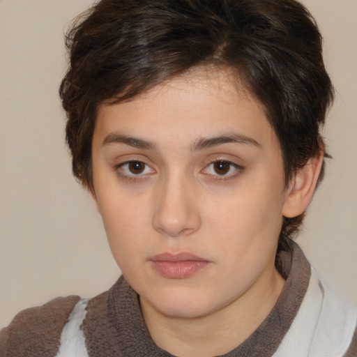 Neutral white young-adult female with medium  brown hair and brown eyes