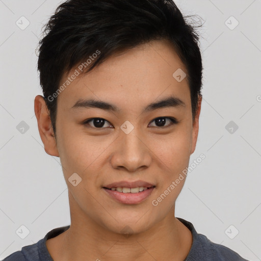 Joyful asian young-adult male with short  brown hair and brown eyes