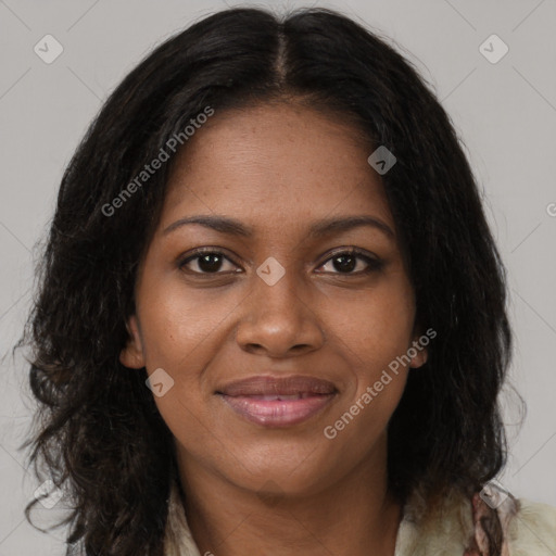 Joyful black young-adult female with medium  brown hair and brown eyes