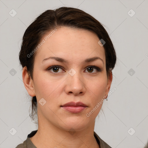 Neutral white young-adult female with medium  brown hair and grey eyes