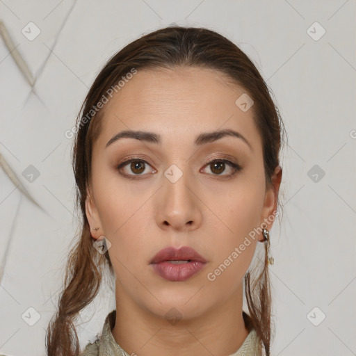 Neutral white young-adult female with medium  brown hair and brown eyes