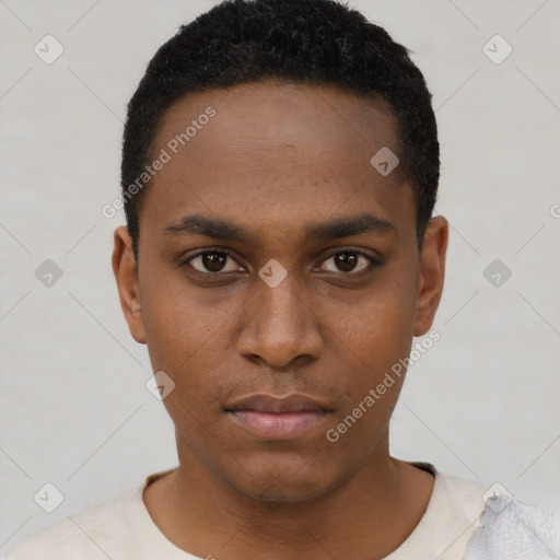 Neutral black young-adult male with short  black hair and brown eyes