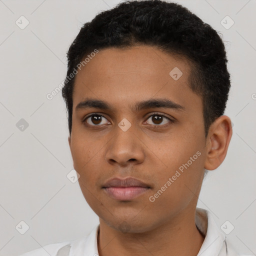 Neutral latino young-adult male with short  black hair and brown eyes