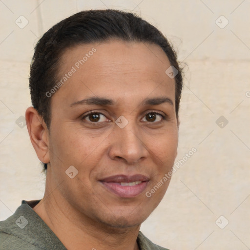 Joyful white adult female with short  brown hair and brown eyes