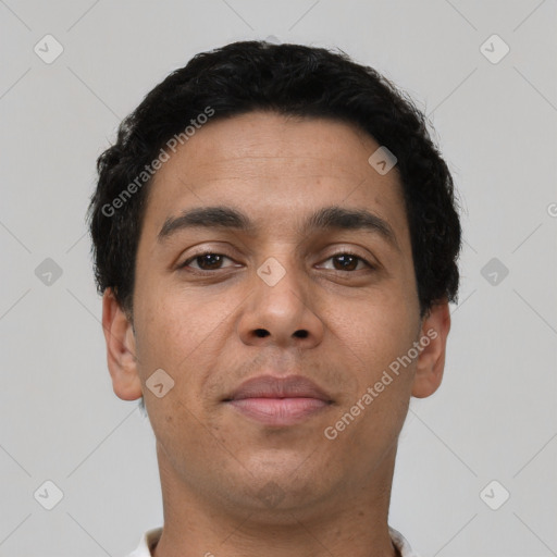 Neutral latino young-adult male with short  brown hair and brown eyes