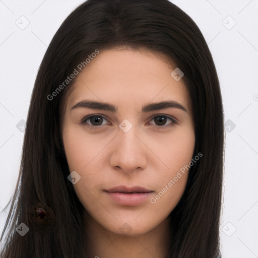 Neutral asian young-adult female with long  brown hair and brown eyes