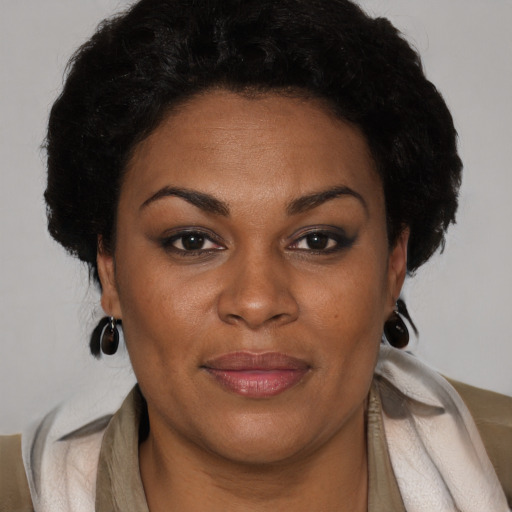 Joyful black adult female with short  brown hair and brown eyes