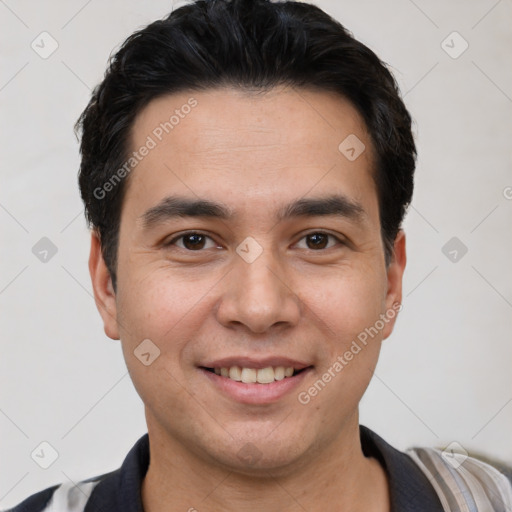 Joyful white young-adult male with short  black hair and brown eyes
