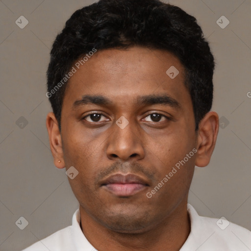 Neutral latino young-adult male with short  black hair and brown eyes