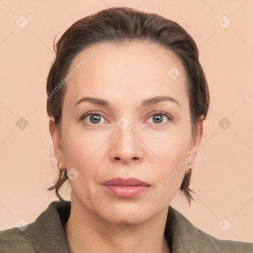 Neutral white young-adult female with short  brown hair and brown eyes