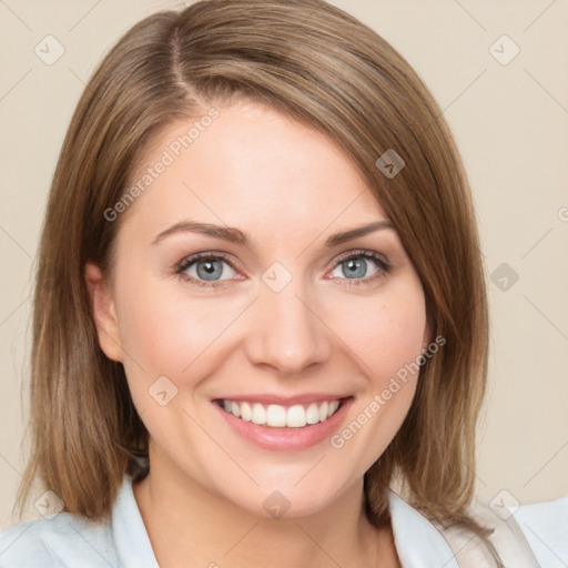 Joyful white young-adult female with medium  brown hair and blue eyes