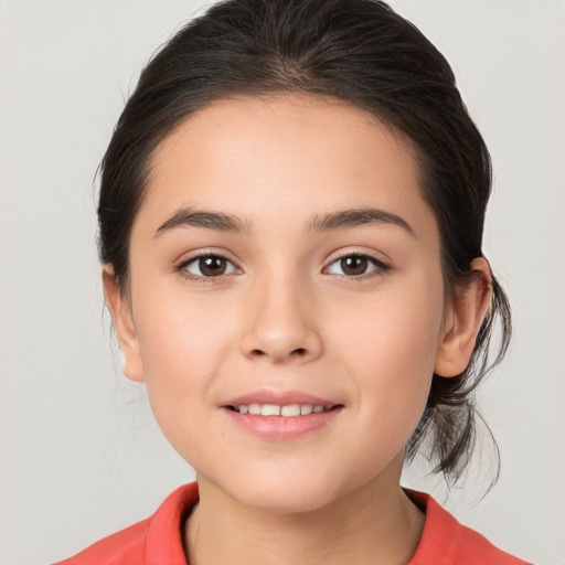 Joyful white child female with medium  brown hair and brown eyes