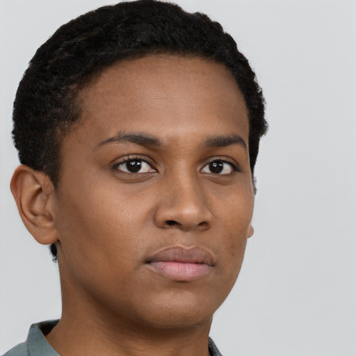 Neutral black young-adult female with short  brown hair and brown eyes