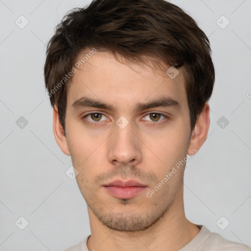 Neutral white young-adult male with short  brown hair and brown eyes