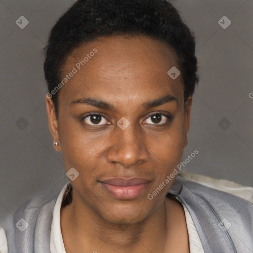 Joyful black young-adult female with short  brown hair and brown eyes