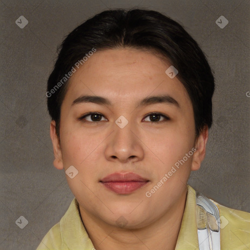 Joyful asian young-adult female with short  brown hair and brown eyes