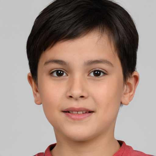 Joyful white child male with short  brown hair and brown eyes