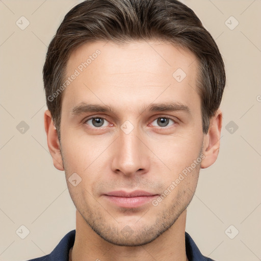 Neutral white young-adult male with short  brown hair and brown eyes