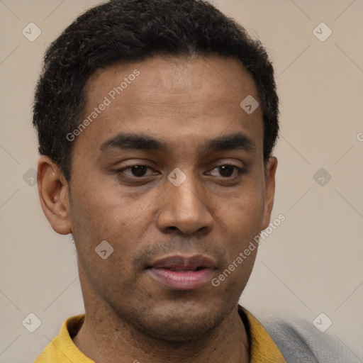 Neutral latino young-adult male with short  black hair and brown eyes
