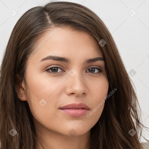 Neutral white young-adult female with long  brown hair and brown eyes