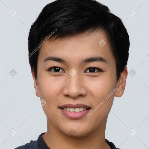 Joyful asian young-adult male with short  black hair and brown eyes