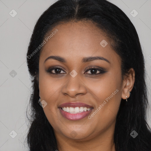 Joyful latino young-adult female with long  black hair and brown eyes