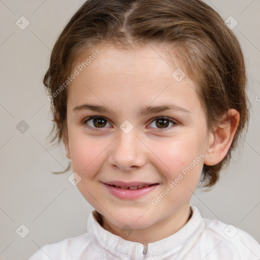 Joyful white child female with medium  brown hair and brown eyes