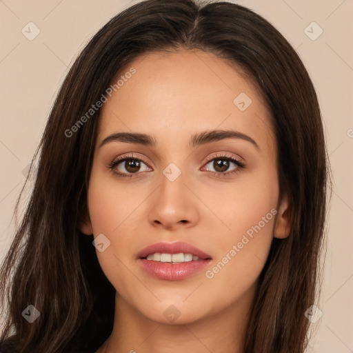 Joyful white young-adult female with long  brown hair and brown eyes