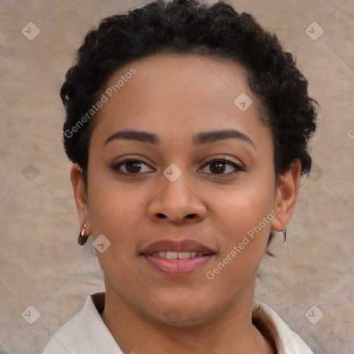 Joyful latino young-adult female with short  brown hair and brown eyes