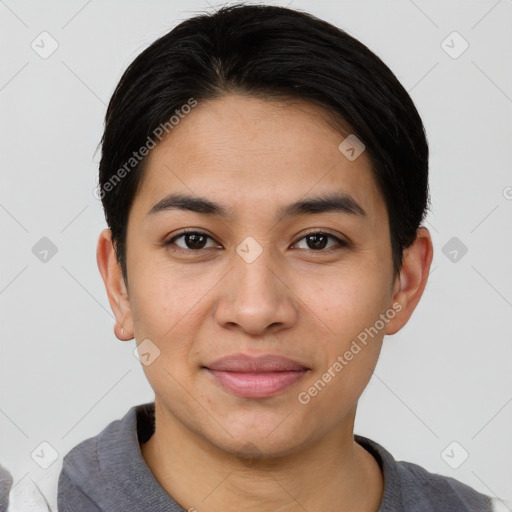 Joyful asian young-adult female with short  brown hair and brown eyes