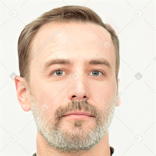 Neutral white adult male with short  brown hair and grey eyes