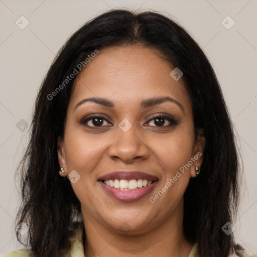 Joyful latino young-adult female with long  brown hair and brown eyes